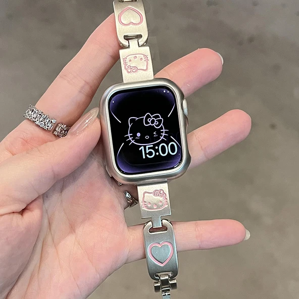 Hello Kitty Apple Watch Kordonu - iWatch 7/8/9 Nesil [41mm] - Yıldız Tozu KT Kedi