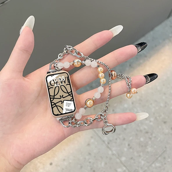Glory Bileklik 7/6 Kalp Desenli Rose Gold İnci Gümüş Zincir