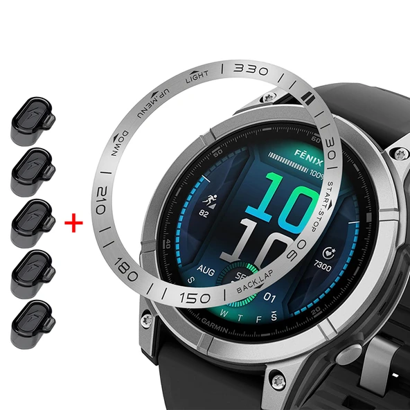 Garmin Fenix 5/5 Plus Uyumlu Gümüş Çerçeveli Siyah Yazılı Havacılık Alaşımlı Metal Halka ve 5 Adet Siyah Toz Tıkacı