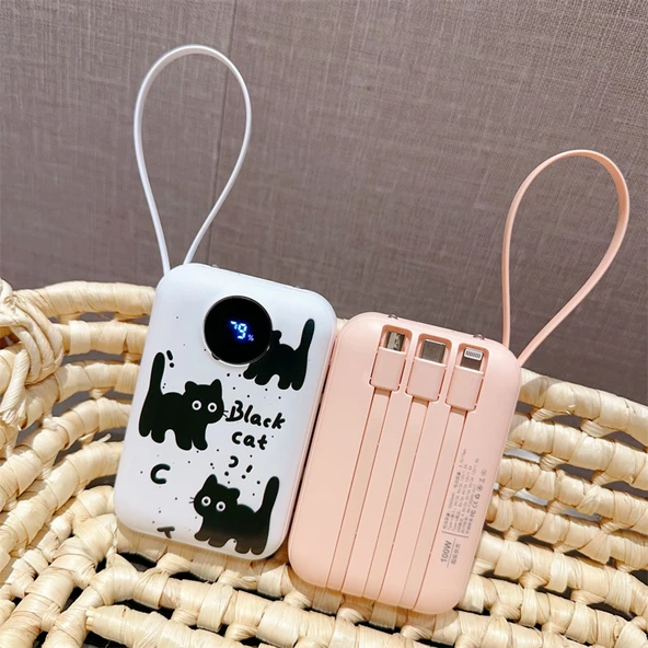30000mAh Taşınabilir Powerbank - Top Sürüm 100W Süper Hızlı Şarj - Pembe Siyah Kedi - 6