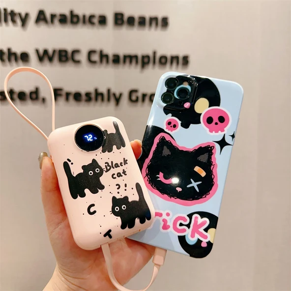 30000mAh Taşınabilir Powerbank - Top Sürüm 100W Süper Hızlı Şarj - Pembe Siyah Kedi - 5