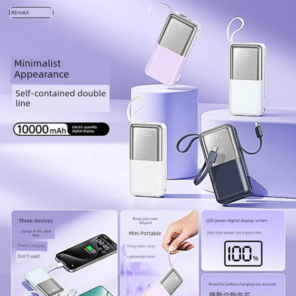 10000mAh Powerbank - Dahili Kablolu ve LED Ekranlı - Ay Işığı Beyazı