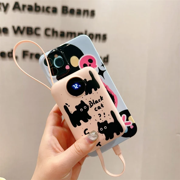 30000mAh Taşınabilir Powerbank - Top Sürüm 100W Süper Hızlı Şarj - Pembe Siyah Kedi - 11