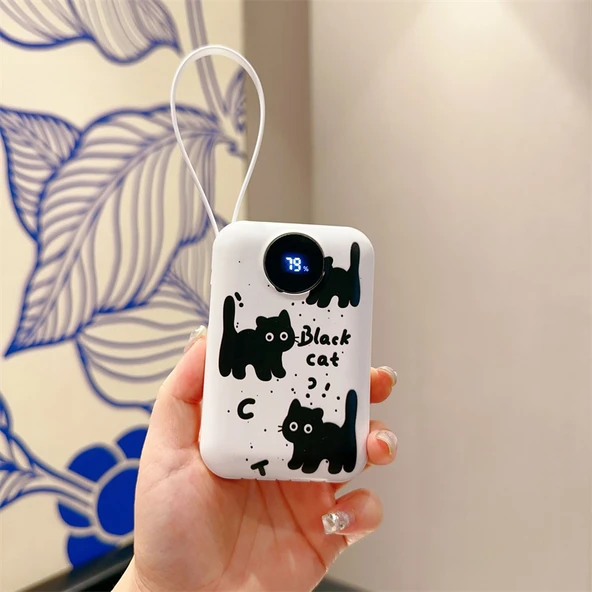 10000mAh Taşınabilir Powerbank - Standart Sürüm 10W - Beyaz Siyah Kedi