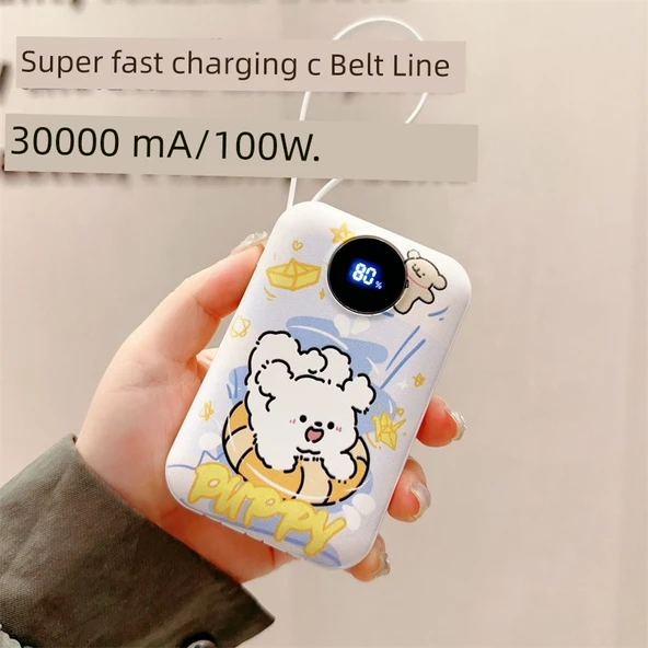 30000mAh Taşınabilir Powerbank - Top Sürüm 100W Süper Hızlı Şarj - Pembe Siyah Kedi - 9