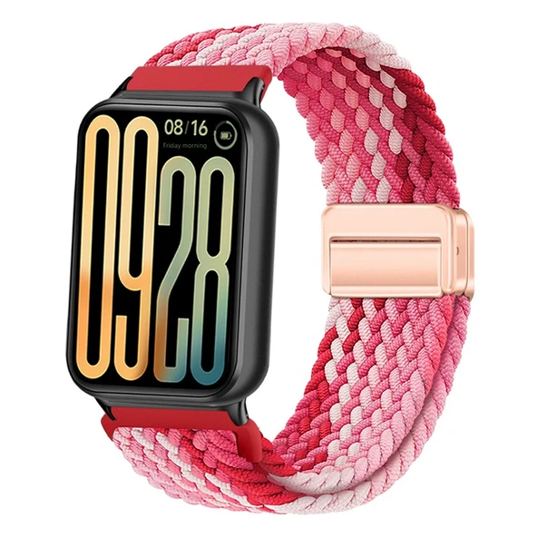 Redmi Watch 5 Lite/Active 22mm Mıknatıslı Tokalı Naylon Örgü Kordon - Çilek Kırmızısı