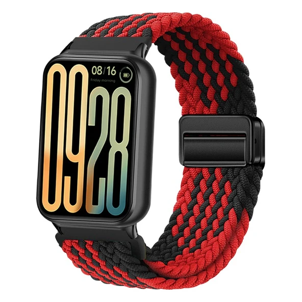 Redmi Watch 5 Lite/Active 22mm Mıknatıslı Tokalı Naylon Örgü Kordon - Siyah ve Kırmızı