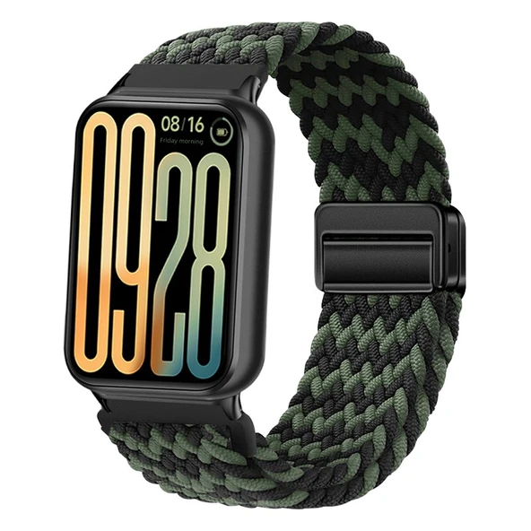 Redmi Watch 5 Lite/Active 22mm Mıknatıslı Tokalı Naylon Örgü Kordon - W Desenli Siyah Yeşil