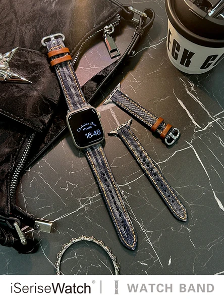 Deri Apple Watch Kordonu ve Ekran Koruyucu - 42mm (1~3 Gen) - Koyu Mavi - Pürüzlü - 6