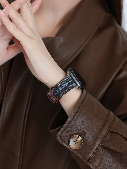 Deri Apple Watch Kordonu ve Ekran Koruyucu - 42mm (1~3 Gen) - Koyu Mavi - İnce - 2