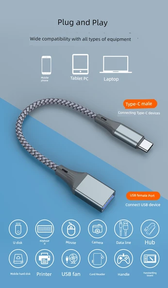 USB-C - USB 3.0 OTG Adaptör - Açık Gri - Yüksek Hızlı - 9