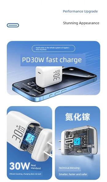 30W GaN PD Hızlı Şarj Aleti - Mor - 1.0m Kablolu - 5