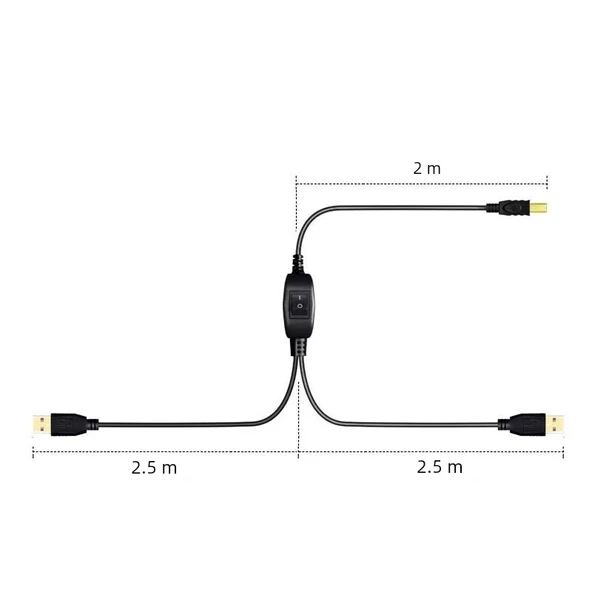 USB Yazıcı Paylaşım Kablosu - 2 Port USB 2.0 - 2m Ana Hat, 2.5m Yazıcı Arayüz Alt Hat