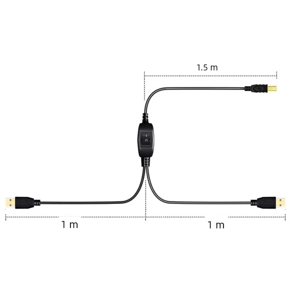 USB Yazıcı Paylaşım Kablosu - 2 Port USB 2.0 - 1.5m Ana Hat, 1m Yazıcı Arayüz Alt Hat