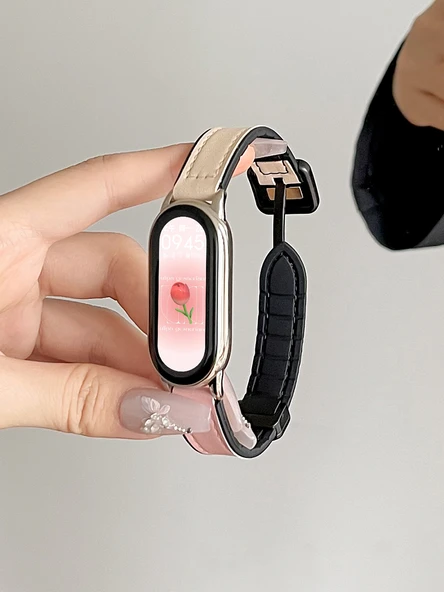 Xiaomi Bileklik 4/3 NFC Silikon Deri Manyetik Tokalı Kayış ve Şeffaf Kılıf - Fasulye Pudra - 3