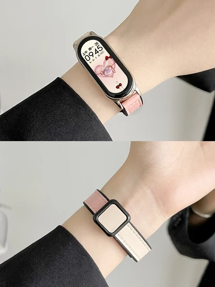 Xiaomi Bileklik 4/3 NFC Silikon Deri Manyetik Tokalı Kayış ve Şeffaf Kılıf - Fasulye Pudra - 2