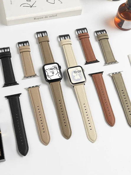 Apple Watch 1-9/SE 45/44/42mm için Litchi Desenli Deri Kordon - Koyu Kahverengi (Model 1) - 4