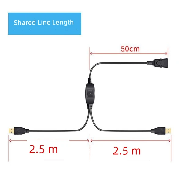 USB Yazıcı Paylaşım Kablosu - 2 Port USB 2.0 - 0.5m Ana Hat, 2.5m Alt Hat