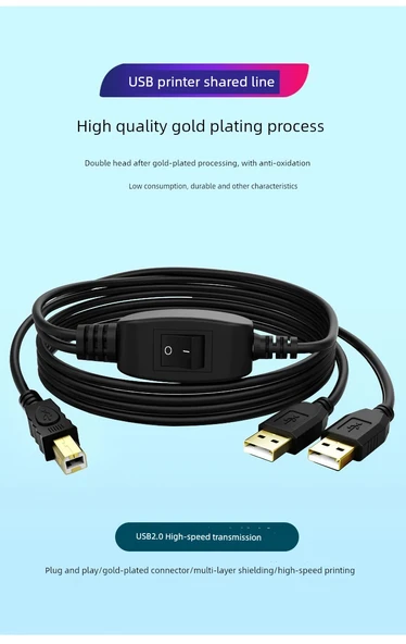 USB Yazıcı Paylaşım Kablosu - 2 Port USB 2.0 - 2m Ana Hat, 2.5m Yazıcı Arayüz Alt Hat - 7