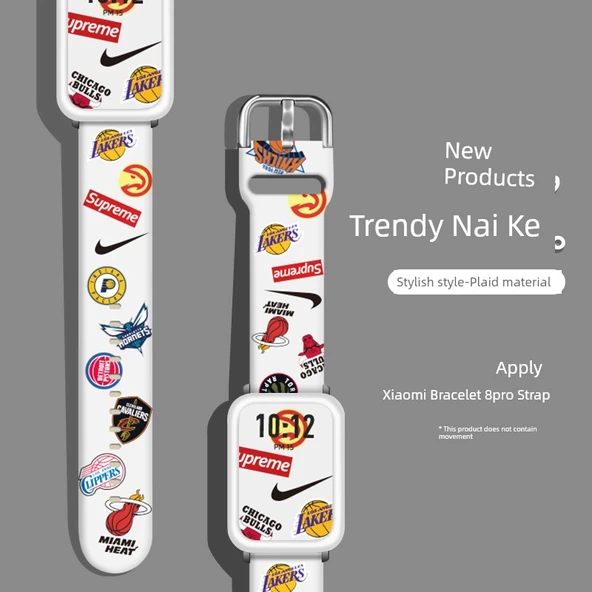 Xiaomi Mi Band 8 Pro / 9 Desenli Silikon Kordon - Beyaz Nike + Beyaz Çerçeve