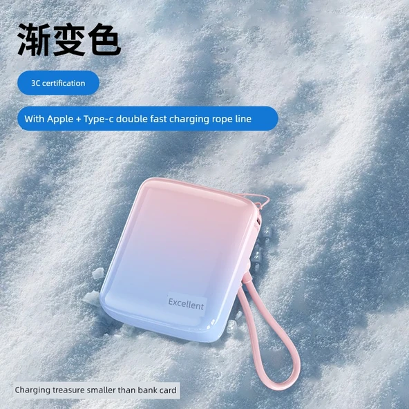 Ultra İnce 10000mAh Powerbank - Pembe Mavi Gradyan - Apple + Type-C Kablolu