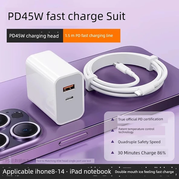 45W Android ve Apple Uyumlu GaN Şarj Aleti - 45W Çift Port, 1.5m PD Hızlı Şarj Kablolu