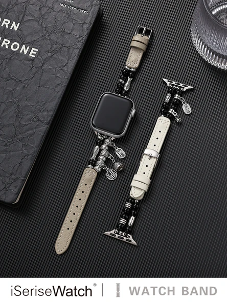 Apple Watch 45mm Kayış - Beyaz Deri - Tibet Gümüş Boncuklu (7~9 Gen) - 6