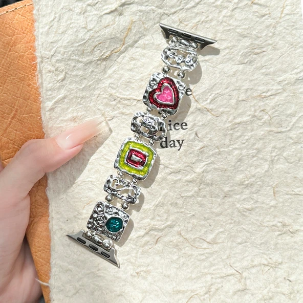 Apple Watch S1-3 38mm Sarı Pembe Kalp Desenli Metal Kordon (140-155mm)