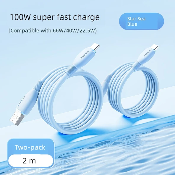 Type-C 6A 100W Süper Hızlı Şarj Kablosu - Xinghai Mavisi 2.0 Metre - İki Adet