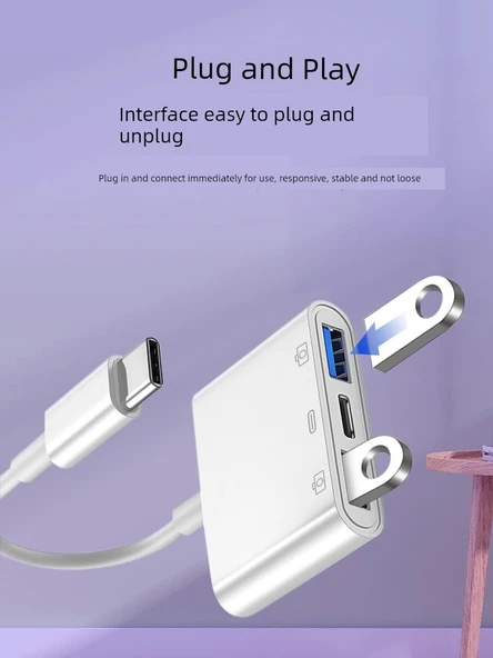 3'ü 1 Arada OTG Adaptör - Type-C - USB 3.0 - Klasik Beyaz - USB + Şarj 2'si 1 Arada - 2