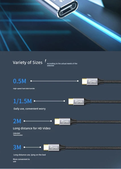 Type-C Erkek - Dişi USB 3.2 Uzatma Kablosu - 0.5m Düz Örgülü - 6