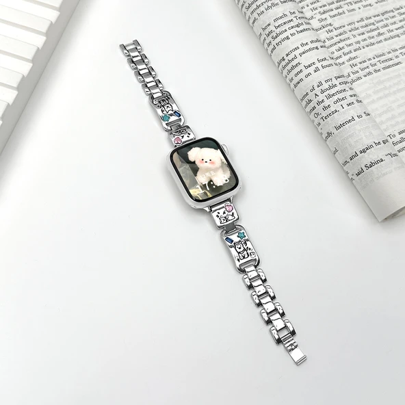 Kristal Lazer Oyma Köpek Desenli Apple Watch Kordonu - 38mm iwatch 1/2/3 Gümüş