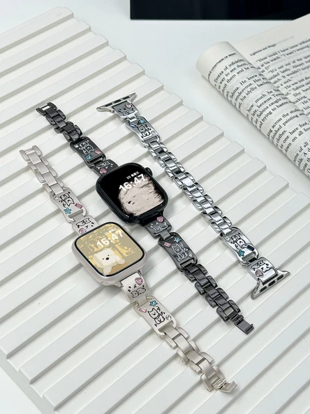 Kristal Lazer Oyma Köpek Desenli Apple Watch Kordonu - 46mm iwatchS10 Siyah - 6