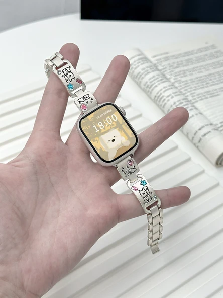 Kristal Lazer Oyma Köpek Desenli Apple Watch Kordonu - 38mm iwatch 1/2/3 Gümüş - 3