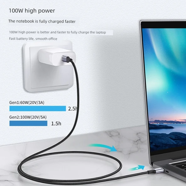 Type-C Erkek - Dişi USB 3.2 Uzatma Kablosu - 1m Dikey Dirsek Örgülü - 4