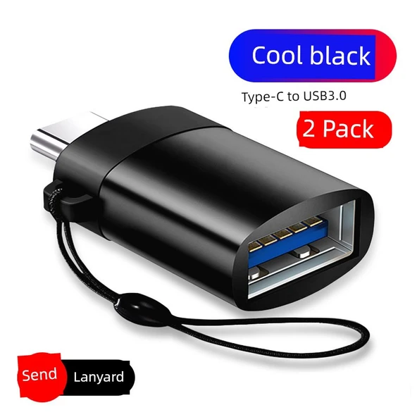 Type-C OTG Adaptör - Boyun Askılı - Siyah Renkli (2'li Paket)