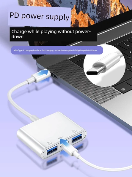 3'ü 1 Arada OTG Adaptör - Type-C - USB 3.0 - Klasik Beyaz - USB + Şarj 2'si 1 Arada - 3