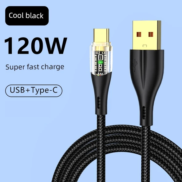 120W 6A Süper Hızlı Şarj Type-C Data Kablosu 1m Buz Şeffaf Siyah