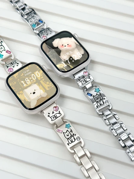 Kristal Lazer Oyma Köpek Desenli Apple Watch Kordonu - 40mm iwatch 4/5/6/se Siyah - 4