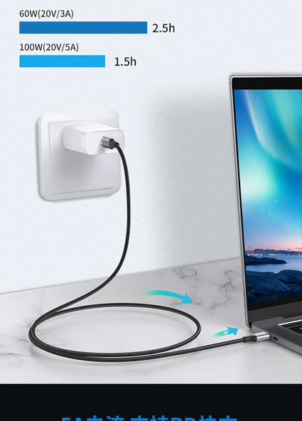 Type-C Erkek - Dişi USB 3.2 Uzatma Kablosu - 0.5m Düz Örgülü - 8