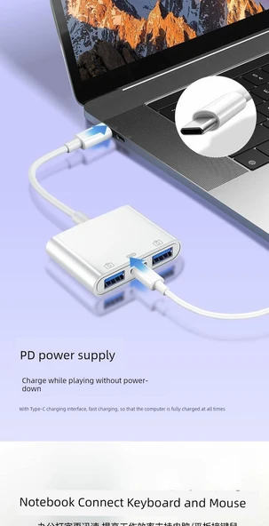 3'ü 1 Arada OTG Adaptör - Type-C - USB 3.0 - Klasik Beyaz - USB + Şarj 2'si 1 Arada - 6