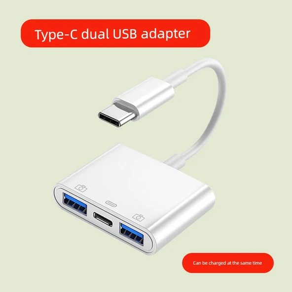3'ü 1 Arada OTG Adaptör - Type-C - USB 3.0 - Klasik Beyaz - Çift USB + Şarj 3'lü