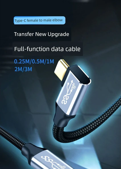 Type-C Erkek - Dişi USB 3.2 Uzatma Kablosu - 0.5m Düz Örgülü - 5