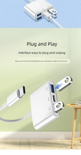 3'ü 1 Arada OTG Adaptör - Type-C - USB 3.0 - Klasik Beyaz - USB + Şarj 2'si 1 Arada - 7