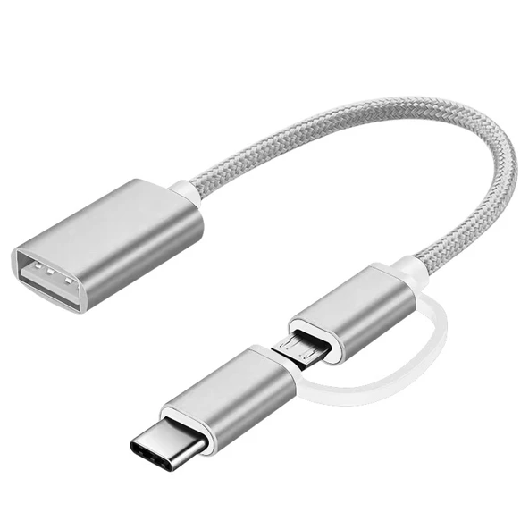 Type-C USB 3.0 OTG Adaptör - Gümüş, Örgülü Kablo, Android Type-C 2'si 1 Arada