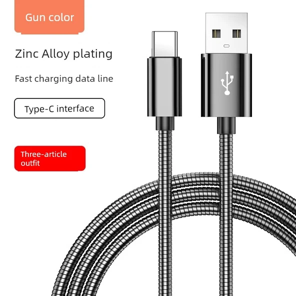 Evcil Hayvan Isırmasına Dayanıklı USB Type-C Kablo 66W Süper Hızlı Şarj - 1 Metre - Metalik Gri (Üçlü Paket)