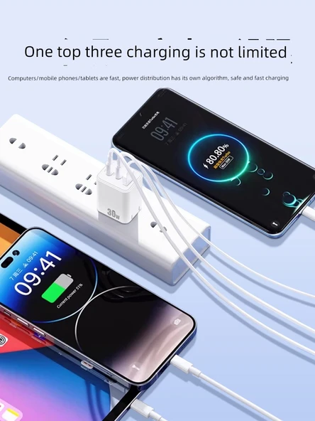 30W Küçük Kare Üç Port Hızlı Şarj Aleti C + L + A - Resim 4