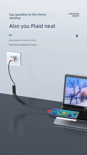 66W Süper Hızlı Şarj Yaylı Geri Çekilebilir Type-C Düz Başlıklı Data Kablosu - Siyah - 8
