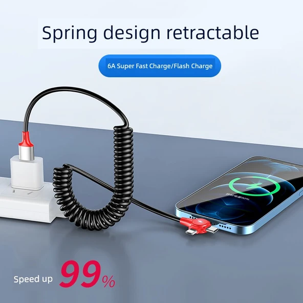66W Süper Hızlı Şarj Yaylı Geri Çekilebilir Type-C Düz Başlıklı Data Kablosu - Siyah - 2