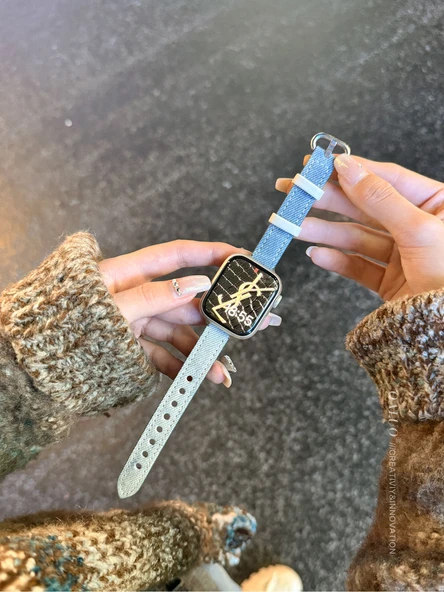 Apple Watch 42mm (10. Nesil) Uyumlu Batik Desenli Kot Kordon - Kovboy Mavisi